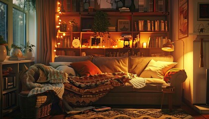 Aufkleber - 3D rendering of cozy living room with comfortable sofa and warm lighting