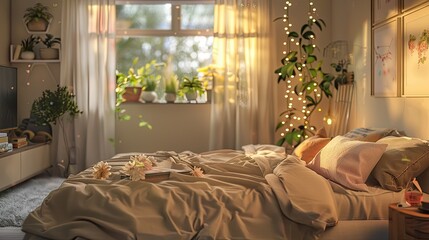 Aufkleber - 3D rendering of cozy bedroom with neutral decor and soft bedding