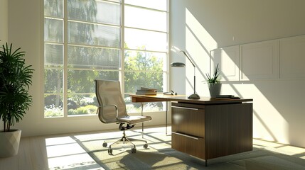 Aufkleber - 3D rendering of contemporary office space with minimalist desk and bright windows