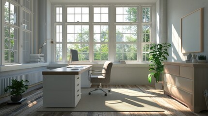 Aufkleber - 3D rendering of contemporary office space with minimalist desk and bright windows