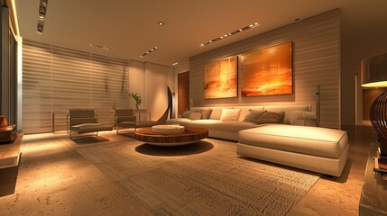 Aufkleber - 3D rendering of contemporary living room with minimalist furniture and artwork