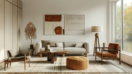 Aufkleber - 3D rendering of contemporary living room with minimalist furniture and artwork