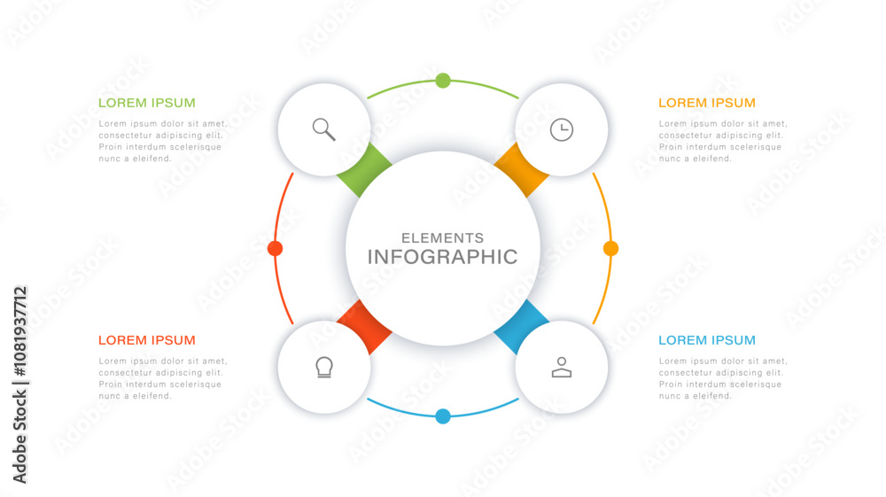Circular diagram with 4 round elements placed around center. Concept of ...