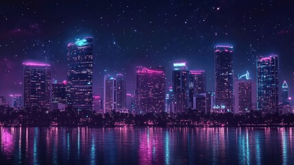 Poster - urban architecture, cityscape with space and neon light effect