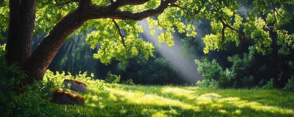 Poster - Sunlight filtering through lush green leaves serene forest clearing nature scene tranquil environment ground level view peaceful atmosphere