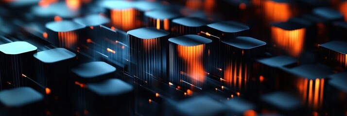 Poster - Abstract futuristic digital landscape featuring illuminated geometric structures with a striking interplay of blue and orange light patterns for technology and design themes