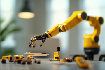 Poster - Robotic arm assembling components industrial workshop photography indoor space close-up automation technology