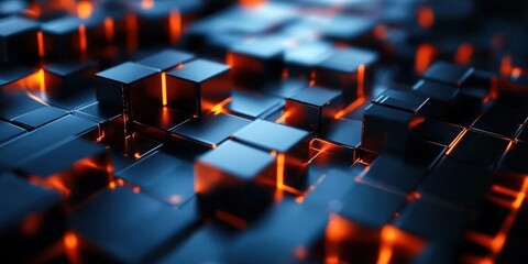 Poster - Abstract Background with Glowing Cubes and Modern Technology Elements in a Dark Environment, Perfect for Futuristic Designs and Digital Content Creation