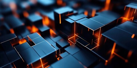 Poster - Futuristic Abstract Design Featuring Glowing Orange Lines Intersecting Dark Cubes with Metallic Textures in a Dynamic Digital Environment