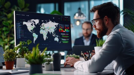 Fototapete - Analyzing global market trends office environment data visualization professional setting close-up view business insights