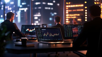 Poster - Market analysis meeting corporate office digital workspace nighttime cityscape professional perspective financial insight