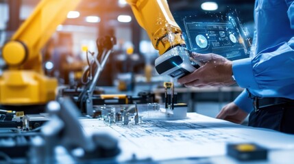 Poster - Robotic arm assisting manufacturing process in industrial facility technology innovation close-up view automation concepts