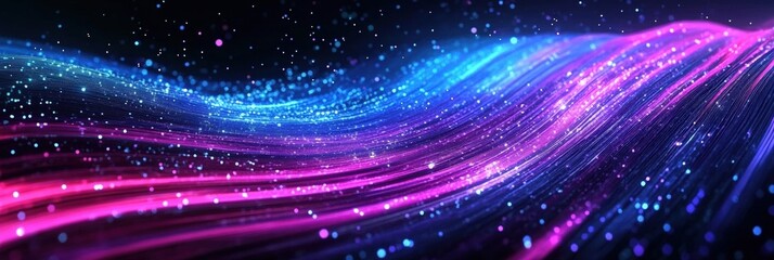 Poster - Vibrant Colorful Waves of Light and Sparkle Against a Dark Background Creating a Dreamy and Ethereal Digital Landscape for Backgrounds and Designs