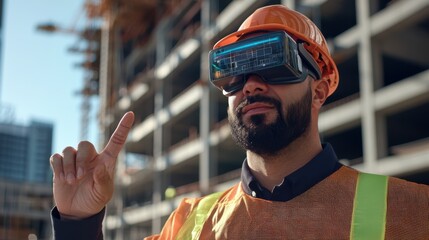 Aufkleber - Construction worker using virtual reality technology on job site urban environment modern workplace innovative approach