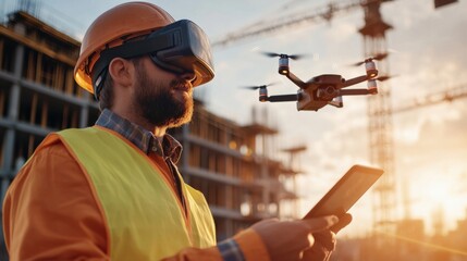Aufkleber - Construction worker using virtual reality and drone technology on job site at sunset industrial environment technology concept