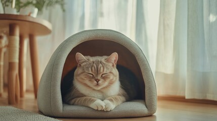 Poster - Cozy Domestic Cat Relaxing in a Soft Pet Bed Inside a Bright Room, Surrounded by Natural Light and Soft Drapes, Perfect for Animal Lovers and Home Decor Lovers