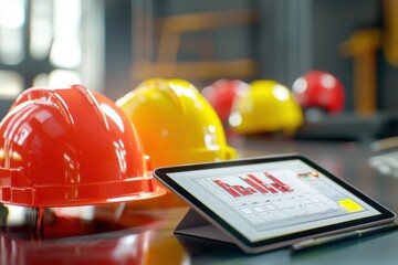 Poster - Construction scheduling innovations with digital blueprints workplace infographic industrial setting close-up perspective ai integration