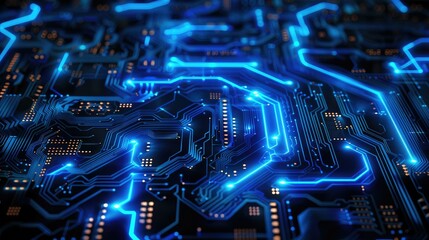 Poster - Neon blue circuit lines on a dark abstract background
