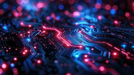 Poster - Neon blue circuit lines on a dark abstract background