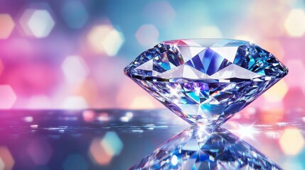 Aufkleber - Beautiful Diamond on Reflective Surface with Colorful Bokeh Background, Sparkling Gemstone Captured in Glorious Light and Artistic Design for Luxury and Elegance Themes