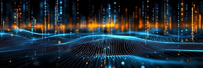 Futuristic Abstract Background of Waves and Particles in Bright Blue and Orange Colors Representing Digital Technology and Data Flow in a Cosmic Landscape