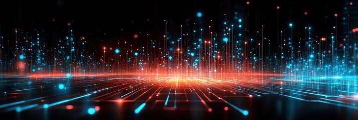 Poster - Vibrant Digital Landscape with Glowing Particles and Lines Representing Data Flow and Connectivity in a Futuristic Environment