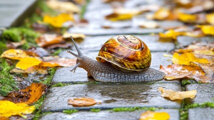 Poster - Close-up of a Colorful Snail Gliding Over Wet Cobblestone Path Surrounded by Vibrant Autumn Leaves, Capturing Nature's Beauty and Tranquility in Early Morning Light