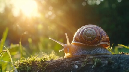Aufkleber - Close-Up of a Colorful Snail Crawling on a Log in a Sunlit Meadow Surrounded by Green Grass and Warm Natural Light in a Beautiful Outdoor Environment