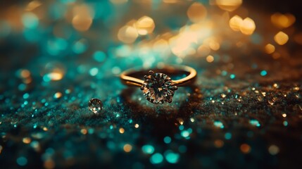 Aufkleber - Stunning Close-up of an Elegant Diamond Engagement Ring on Sparkling Glitter Background, Capturing the Essence of Luxury and Romance in Soft Lighting