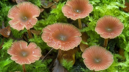 Aufkleber - Close-Up of Delicate Pink Mushroom Caps Emerging from Lush Green Moss in a Forest Setting, Showcasing Nature's Intricate Fungal Beauty and Textures