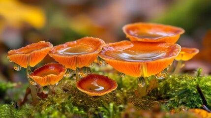 Aufkleber - Vibrant Orange Mushrooms with Dew Drops Nestled Among Lush Green Moss in a Mystical Forest Setting During the Early Morning Hours