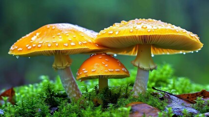 Aufkleber - Vibrant Orange Mushrooms with Dew Drops Amidst Lush Green Moss in a Forest Environment Capturing Nature's Beauty and Details