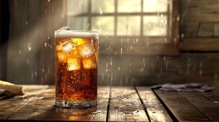 Poster - Refreshing Glass of Cold Beer with Ice Cubes on Wooden Table Under Natural Light, Perfect for Beverage, Relaxation, and Summer Themes in Stock Photography