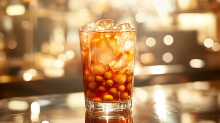Poster - Refreshing Beverage in a Glass with Ice Cubes and Colorful Mix of Ingredients Set Against a Soft Blurred Background in a Modern Bar Environment