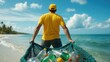 © Pixteegraph - Ocean plastic cleanup. A person in a yellow shirt collects plastic waste from the beach, promoting environmental awareness and ocean cleanup efforts against pollution.