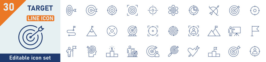target line icon set. set of 30 outline icons related to target, goal, achievement, focus, success, 