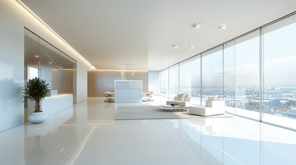 Poster - Minimalist office space with sleek, white furniture and glass walls