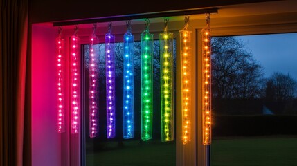 Poster - Colorful LED Light Strips Hanging in a Window Creating a Vibrant Atmosphere with Rainbow Colors Illuminating the Indoor Space During Twilight
