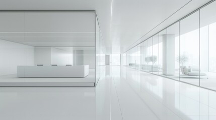 Poster - Minimalist office space with sleek, white furniture and glass walls