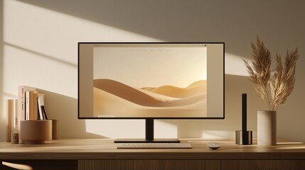 Poster - stylish mockup of a portfolio website on a large monitor, with natural sunlight highlighting the scr