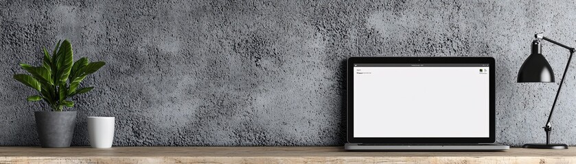 Poster - Minimalist mockup of an advertising platform on a laptop screen, placed in a professional setting with ample space for copy