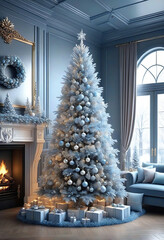 Wall Mural - Living room decorated for Christmas with blue theme Christmas tree, fireplace and sofa. Christmas image. Card design.青色のテーマのクリスマスツリーと暖炉とソファーのあるクリスマスの飾りをしたリビングルーム。クリスマスのイメージ。カードデザイン。