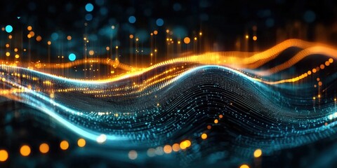 Poster - Abstract Digital Wave Pattern with Glowing Lights in Blue and Orange Tones, Representing Technology, Innovation, and Futuristic Concepts for Stock Images