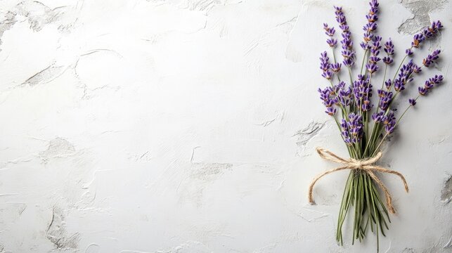 Elegant blank greeting card on a seamless white background with a delicate bouquet of lavender tied with twine for a rustic touch.