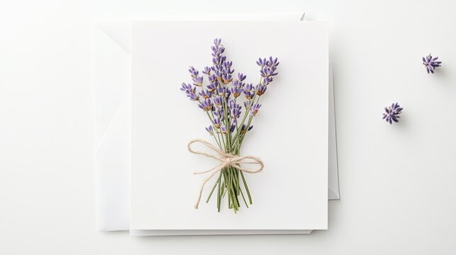 Elegant blank greeting card on a seamless white background with a delicate bouquet of lavender tied with twine for a rustic touch.