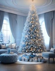 Wall Mural - Living room decorated for Christmas with blue theme Christmas tree, fireplace and sofa. Christmas image. Card design.青色のテーマのクリスマスツリーと暖炉とソファーのあるクリスマスの飾りをしたリビングルーム。クリスマスのイメージ。カードデザイン。