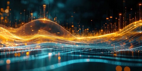 Poster - Abstract Digital Waveform with Glowing Particles and Light Trails, Representing Technological Innovation and Data Visualization in a Futuristic Setting