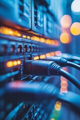 Poster - advanced server systems with glowing indicators illustrate the backbone of communication networks es