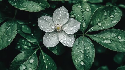 Poster - Delicate Flower with Water Droplets Nestled Among Green Leaves in a Lush Natural Setting, Capturing the Beauty of Nature and Freshness
