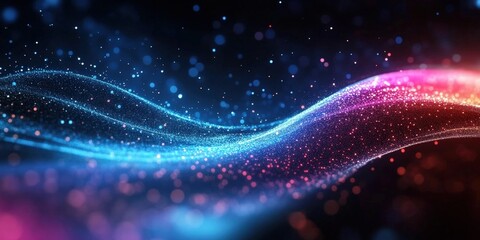 Poster - Abstract Colorful Light Waves with Glowing Particles in a Dark Background, Perfect for Creating a Dreamy and Ethereal Atmosphere in Digital Art and Designs
